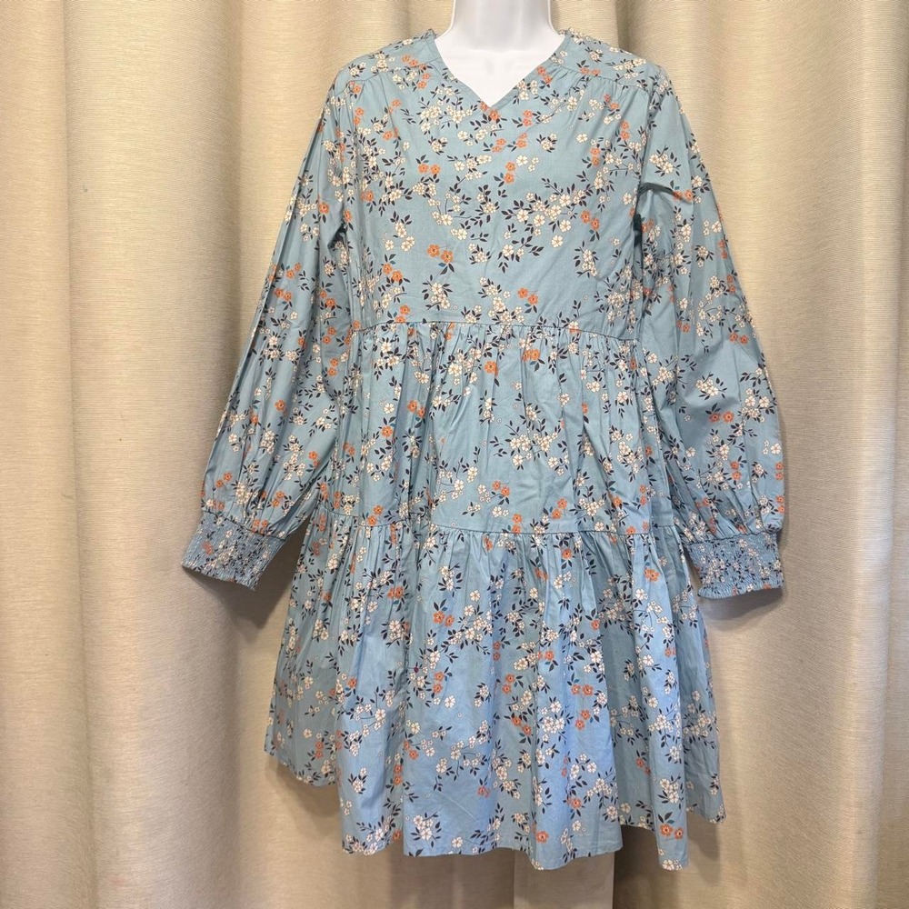 Womens Medium Mini Dress Blue Floral Tiered Long Sleeve Cotton BABYDOLL PRAIRIE